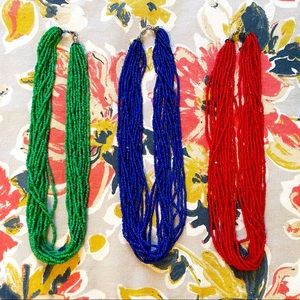 Set of 3 Hand Beaded Green, Blue, & Red Multi-Strand Necklaces